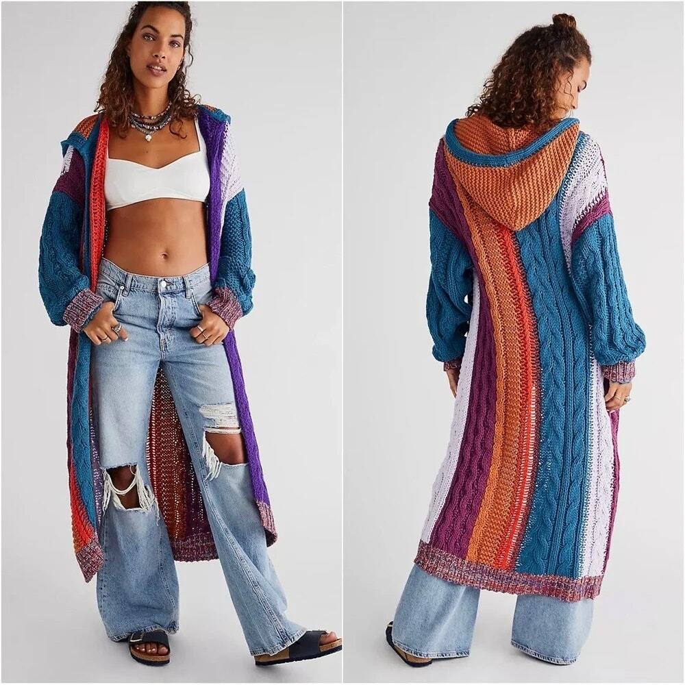 Free People Hearts On Fire Cardi Hooded Multicolor Long Cardigan M